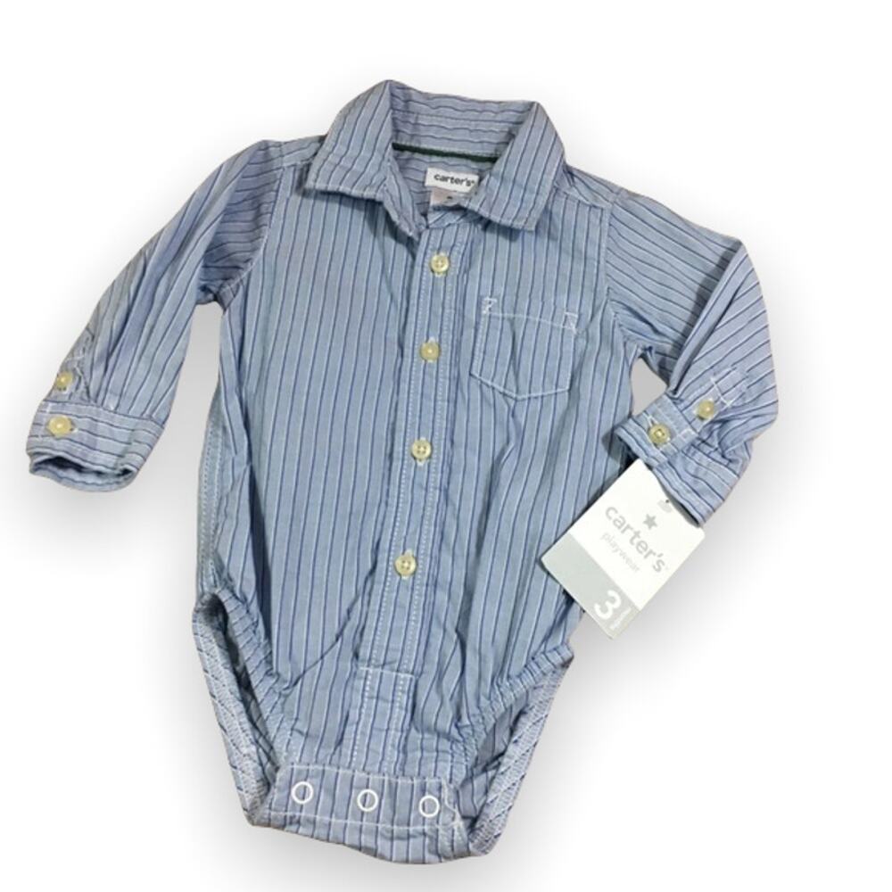 Carter's Boys Bodysuit Size 3 Mo‎ Blue Button Front Up Stripe Woven NEW